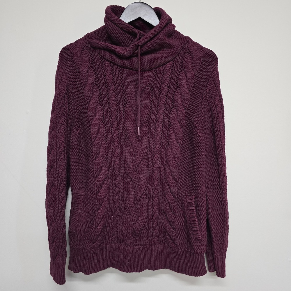 L.L.Bean Cowl Neck Cable Knit Sweater Women Large Petite Burgundy Cotton Pocket